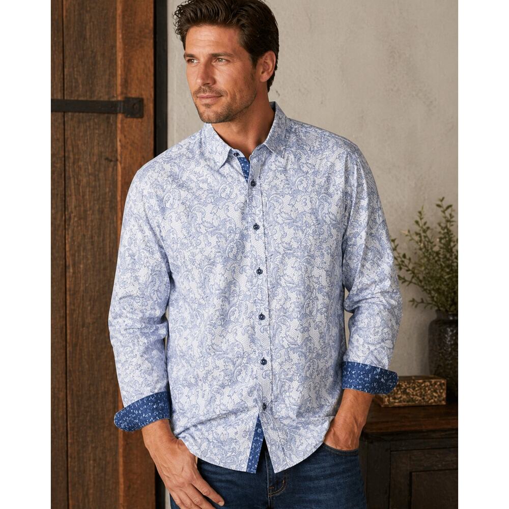 Eight X Premium Shirt XXL Blue Paisley Button Up Classic Fit Buckle Mens